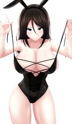 Rule 34 | 1girl, absurdres, aikir (jml5160), animal ears, armpits, black hair, black one-piece swimsuit, blue eyes, blush, breasts, cleavage, collarbone, commission, fake animal ears, female focus, girls und panzer, gluteal fold, half-closed eyes, halterneck, highres, huge breasts, leotard, long hair, looking at viewer, nonna (girls und panzer), one-piece swimsuit, pixiv commission, playboy bunny, rabbit ears, simple background, skindentation, solo, swept bangs, swimsuit, white background