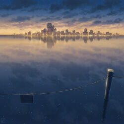 Rule 34 | akafune, city, city lights, cloud, cloudy sky, commentary request, dawn, fence post, lake, no humans, original, outdoors, partially immersed, reflection, reflective water, scenery, sign, signature, sky, skyline, star (sky), starry sky, sunrise, water, wire fence