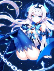 Rule 34 | + +, 1girl, absurdres, ass, bad id, bad pixiv id, blue background, blue bow, blue eyes, blue footwear, blue thighhighs, boots, bow, chain, crossed legs, crown, detached sleeves, elsword, highres, horns, knee boots, long hair, looking at viewer, luciela r. sourcream, noblesse (elsword), papo, pointy ears, solo, thighhighs, thighhighs under boots, twintails, white hair