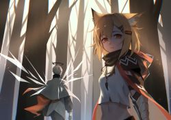 Rule 34 | 1boy, 1girl, animal ear fluff, animal ears, arknights, bare tree, black cape, blonde hair, blouse, cape, cowboy shot, crop top, executor (arknights), fengtu ad, forest, fox ears, from behind, hair between eyes, hair ornament, hairclip, halo, highres, jacket, jewelry, long sleeves, mechanical arms, midriff, nature, navel, necklace, notched ear, orange eyes, outdoors, pendant, shirt, short hair, silver hair, single mechanical arm, standing, stomach, tooth necklace, tree, upper body, vermeil (arknights), white cape, white jacket, white shirt