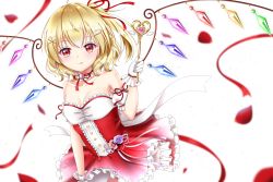 Rule 34 | 1girl, :q, alternate costume, arm garter, arm up, armpit peek, bare shoulders, beret, between legs, blonde hair, blue flower, blue rose, breasts, choker, cleavage, collarbone, commentary request, cowboy shot, crystal, dress, flandre scarlet, flower, frilled skirt, frills, gloves, hair between eyes, hair ornament, hand between legs, hat, head tilt, highres, holding, holding wand, leaning forward, looking at viewer, magical girl, medium breasts, neck ribbon, no headwear, no headwear, nyanyanoruru, petals, petticoat, pink flower, pink rose, red dress, red eyes, red flower, red ribbon, red rose, ribbon, rose, short hair, side ponytail, simple background, skirt, solo, standing, tongue, tongue out, touhou, wand, white background, white gloves, wind, wind lift, wings, x hair ornament