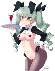Rule 34 | 1girl, anchovy (girls und panzer), animal ears, artist name, black bow, black bowtie, black pantyhose, blush, bow, bowtie, breasts, breasts apart, brown eyes, closed mouth, covered erect nipples, dated, drill hair, fake animal ears, girls und panzer, green hair, hair ornament, hair ribbon, heart maebari, heart pasties, highres, kuzuryuu kennosuke, large breasts, long hair, looking at viewer, maebari, meme attire, navel, pantyhose, pasties, rabbit ears, reverse bunnysuit, reverse outfit, ribbon, shiny skin, simple background, solo, standing, sweat, twintails, white background
