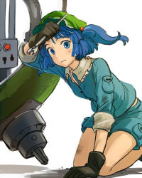 Rule 34 | 1girl, blue eyes, blue hair, female focus, gloves, hair bobbles, hair ornament, hat, iwamoto zerogo, kawashiro nitori, matching hair/eyes, short hair, sleeves rolled up, solo, touhou, twintails, two side up, wrench