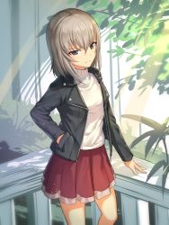 Rule 34 | 10s, 1girl, alternate costume, arm support, black jacket, blue eyes, blurry, casual, contemporary, cowboy shot, depth of field, girls und panzer, highres, icomochi, itsumi erika, jacket, long hair, looking at viewer, miniskirt, red skirt, silver hair, skirt, solo, sweater, turtleneck, turtleneck sweater, white sweater