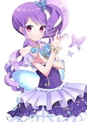 Rule 34 | 1girl, bare shoulders, blush, bug, butterfly, butterfly hair ornament, butterfly wings, closed mouth, commentary request, double m/, dress, hair ornament, hands up, high ponytail, idol time pripara, insect, insect wings, long hair, m/, manaka non, pleated dress, pretty series, pripara, purple dress, purple hair, red eyes, side ponytail, sidelocks, simple background, smile, solo, suzume anko, very long hair, white background, wings