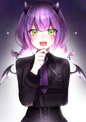 Rule 34 | 1girl, absurdres, bat wings, black jacket, blush, commentary, crossed arms, fangs, green eyes, hand on own chin, hand up, highres, hololive, horns, hyosei ek, jacket, long sleeves, looking at viewer, low twintails, mini wings, necktie, open mouth, purple hair, purple horns, purple necktie, smile, solo, straight-on, tokoyami towa, tokoyami towa (school uniform), twintails, upper body, virtual youtuber, wings