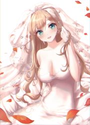 Rule 34 | 1girl, absurdres, artist name, bad id, bad twitter id, blonde hair, blush, breasts, bridal veil, cleavage, dress, earrings, floral background, girls&#039; frontline, gloves, green eyes, hand in own hair, highres, ien 4, jewelry, lips, long hair, looking at viewer, medium breasts, official alternate costume, petals, ring, sitting, solo, suomi (blissful mission) (girls&#039; frontline), suomi (girls&#039; frontline), tears, veil, wedding band, wedding dress, white background, white gloves
