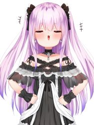 Rule 34 | +++, 1girl, bare shoulders, black dress, blush, closed eyes, collarbone, dress, earrings, facing viewer, hands on own hips, highres, hololive, jewelry, k mugura, long hair, off-shoulder dress, off shoulder, open mouth, pink hair, see-through, simple background, solo, two side up, upper body, uruha rushia, uruha rushia (3rd costume), very long hair, virtual youtuber, white background, wrist cuffs