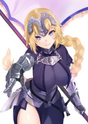 Rule 34 | 1girl, absurdres, armor, bad id, bad pixiv id, blonde hair, blue eyes, blush, braid, breasts, commentary request, elach, fate/apocrypha, fate (series), gauntlets, headpiece, highres, jeanne d&#039;arc (fate), jeanne d&#039;arc (ruler) (fate), large breasts, long braid, long hair, looking at viewer, simple background, single braid, smile, solo, standard bearer, very long hair, white background