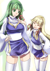 Rule 34 | 2girls, ^ ^, blonde hair, blunt bangs, breasts, closed eyes, cosplay, green eyes, green hair, hair ribbon, hands on own hips, head on chest, height difference, kochiya sanae, large breasts, long hair, moriya suwako, moriya suwako (cosplay), multiple girls, no headwear, open mouth, ribbon, sidelocks, smile, standing, thighhighs, touhou, v-shaped eyebrows, white legwear, wide sleeves, yohane