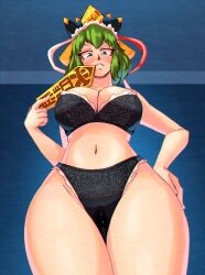 Rule 34 | 1girl, black bra, black panties, blush, bra, breasts, cleavage, closed mouth, commentary, frown, green hair, groin, highres, large breasts, navel, panties, rod of remorse, shiki eiki, short hair, solo, spookoarts, thighs, touhou, underwear, underwear only