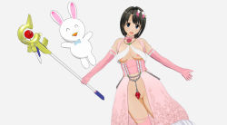 Rule 34 | 1boy, 1girl, 3d, ^ ^, animal, beads, black hair, blue neckwear, blush, bow, bowtie, breasts, classmate daisuki, cleft of venus, closed eyes, detached collar, dress, flower, gloves, grey background, hair bow, holding, jewel, jewelry, looking at viewer, lyrical nanoha, mahou shoujo lyrical nanoha, medium breasts, necklace, nipples, no panties, open mouth, pink dress, pink gloves, pink thighhighs, pussy, rabbit, raising heart, rose, short hair, sleeveless, sleeveless dress, smile, staff, standing, striped neckwear, teeth, thighhighs, uncensored, white fur, white neckwear