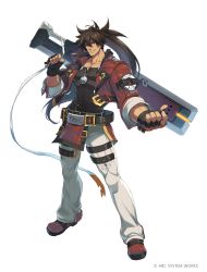 Rule 34 | 1boy, absurdres, belt, belt buckle, black gloves, black shirt, brown eyes, brown hair, buckle, copyright name, counter:side, cropped jacket, fingerless gloves, fireseal, full body, gloves, grin, guilty gear, guilty gear strive, headband, highres, holding, holding sword, holding weapon, huge weapon, jacket, long hair, looking at viewer, multiple belts, muscular, muscular male, official art, outstretched arm, pants, ponytail, red footwear, red headband, red jacket, shirt, shoes, sleeves pushed up, smile, sol badguy, solo, standing, sword, tachi-e, teeth, thigh belt, thigh strap, weapon, weapon on back, white background, white pants, zipper pull tab