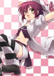 Rule 34 | 1girl, arm behind head, checkered background, facial mark, fang, green eyes, hat, looking at viewer, looking down, merry nightmare, midriff, navel, open mouth, outstretched arm, purple hair, ribbon, shoes, short hair, skirt, solo, striped clothes, striped thighhighs, thighhighs, type-alpha, yumekui merry