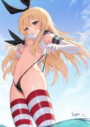 Rule 34 | 1girl, absurdres, armpits, bare shoulders, black panties, black ribbon, blonde hair, blue sky, breasts, cloud, crop top, crop top overhang, day, elbow gloves, from below, gloves, groin, hair ribbon, highres, kantai collection, long hair, looking at viewer, medium breasts, mole, mole on breast, neckerchief, no bra, no pants, outdoors, panties, parted lips, ribbon, sailor collar, shimakaze (kancolle), shirt, skindentation, sky, sleeveless, sleeveless shirt, solo, stomach, striped clothes, striped thighhighs, sunlight, thighhighs, thong, topu, underboob, underwear, upshirt, wading, water, white gloves, white shirt, yellow eyes