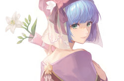 Rule 34 | 1girl, absurdres, blue hair, closed mouth, fire emblem, fire emblem echoes: shadows of valentia, fire emblem heroes, flower, from side, green eyes, hakou (barasensou), hat, highres, looking to the side, nintendo, short hair, silque (fire emblem), simple background, solo, upper body, white background
