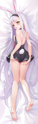 Rule 34 | 1girl, animal ears, azur lane, barefoot, bed sheet, black hairband, black skirt, dakimakura (medium), female focus, from above, from behind, full body, hairband, highres, iranon (new iranon), long hair, looking at viewer, looking back, lying, on stomach, open mouth, rabbit ears, rabbit tail, shimakaze (azur lane), skirt, soles, solo, tail, thick eyebrows, thighs, toes, white hair, yellow eyes
