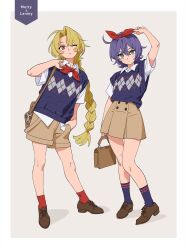 2girls ahoge argyle argyle_clothes argyle_sweater_vest bag blonde_hair blue_socks blue_sweater_vest boots border bow brown_footwear brown_shorts brown_skirt buttons collared_shirt double-breasted full_body green_eyes grey_background hair_bow hair_intakes hand_on_headwear high_heel_boots high_heels highres holding holding_bag knees_together_feet_apart legs_apart long_hair looking_at_viewer low-braided_long_hair low-tied_long_hair medium_hair moya_(toatomoot) multiple_girls neckerchief original parted_bangs purple_hair red_bow red_eyes red_neckerchief red_socks revision shadow shirt shorts shoulder_bag sidelocks simple_background skirt socks sweater_vest v-neck white_border white_shirt