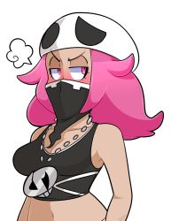Rule 34 | 1girl, absurdres, bandana, bandana over mouth, bare shoulders, beanie, blush, breasts, cleavage, covered mouth, creatures (company), embarrassed, game freak, half-closed eyes, hat, highres, jewelry, long hair, looking away, mask, medium breasts, midriff, navel, necklace, nintendo, npc trainer, pink eyes, pink hair, pokemon, pokemon sm, skull-shaped hat, skull hat, solo, tank top, team skull, team skull grunt, transparent background, upper body, white background
