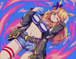 Rule 34 | 1girl, ;), animal ears, bandeau, belt, black belt, black choker, black jacket, black nails, blonde hair, blue bow, blue eyes, bow, breasts, choker, cleavage, commentary request, cowboy shot, cutoffs, denim, denim shorts, gloves, gold city (umamusume), hair bow, hands up, highres, horse ears, jacket, large breasts, long hair, long sleeves, looking at viewer, midriff, nail polish, navel, one eye closed, open clothes, open jacket, short shorts, shorts, single glove, smile, solo, standing, stomach, strapless, striped bandeau, tamo (oioi shinuwa), thigh strap, thighs, tube top, umamusume, white gloves