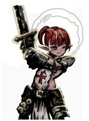 Rule 34 | 1girl, armor, artist request, belt buckle, belt pouch, breastplate, buckle, couter, cowboy shot, cross, crusader (darkest dungeon), darkest dungeon, elbow pads, faulds, female knight, fighting stance, gameplay mechanics, genderswap, gloves, high ponytail, holding, holding sword, holding weapon, knight, longsword, out of frame, pauldrons, pelvic curtain, plate armor, pointy ears, pouch, red eyes, red hair, shoulder armor, solo, standing, sword, transparent background, vambraces, video game, weapon