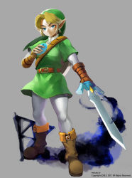 Rule 34 | 1boy, blonde hair, blue eyes, hat, holding, holding sword, holding weapon, instrument, link, male focus, master sword, muse (rainforest), nintendo, ocarina, pointy ears, solo, sword, the legend of zelda, weapon