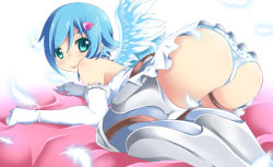Rule 34 | 1girl, :p, all fours, angel, angel of light nanael, angel wings, armor, ass, backless outfit, bare shoulders, bed, blue eyes, blue hair, blush, boots, breasts, elbow gloves, feathers, from behind, gloves, green eyes, hair ornament, hairclip, kneeling, large breasts, looking at viewer, looking back, matching hair/eyes, momosemocha, nanael (queen&#039;s blade), nanael (queen's blade), panties, pantyshot, polka dot, polka dot panties, queen&#039;s blade, shiny skin, short hair, sideboob, skirt, smile, solo, thigh boots, thighhighs, tongue, tongue out, underwear, upskirt, wings