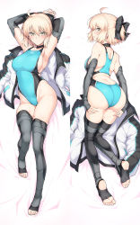 Rule 34 | 1girl, ahoge, aqua one-piece swimsuit, armpits, arms up, ass, bare shoulders, bed sheet, black thighhighs, blush, bow, breasts, choker, collarbone, competition swimsuit, dakimakura (medium), deep skin, fate/grand order, fate (series), feet, grey eyes, groin, hair bow, halcon, highleg, highleg swimsuit, highres, jacket, large breasts, long sleeves, looking at viewer, lying, multiple views, okita souji (fate), okita souji (koha-ace), on back, on stomach, one-piece swimsuit, open mouth, pink hair, short hair, short ponytail, sideboob, smile, stirrup legwear, swimsuit, thighhighs, toeless legwear, unworn jacket