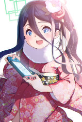 Rule 34 | 1girl, absurdly long hair, absurdres, aris (blue archive), black hair, blue archive, blue eyes, blush, green halo, halo, handheld game console, highres, holding, holding handheld game console, japanese clothes, kimono, long hair, long sleeves, looking at viewer, nintendo switch, obi, one side up, open mouth, red kimono, sarfata, sash, smile, solo, very long hair, wide sleeves