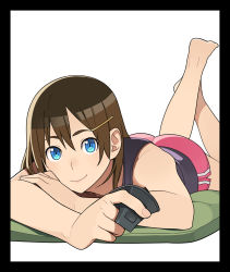 Rule 34 | 1girl, ass, barefoot, blue eyes, brown hair, go robots, hair ornament, hairclip, highres, lying, on stomach, shorts, solo