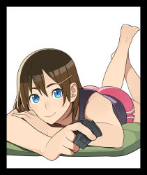 1girl ass barefoot blue_eyes brown_hair female_focus go_robots hair_ornament hairclip highres lying on_stomach shorts solo