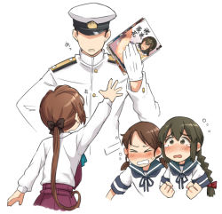 Rule 34 | &gt; &lt;, 10s, 1boy, 3girls, admiral (kancolle), akigumo (kancolle), blush, bow, brown hair, clenched hands, confiscation, closed eyes, faceless, faceless male, facing away, from behind, gloves, hair bow, hat, isonami (kancolle), kantai collection, manga (object), military, military uniform, multiple girls, naval uniform, peaked cap, ponytail, pornography, sakura (medilore), school uniform, serafuku, shirayuki (kancolle), tears, uniform, wavy mouth, white gloves
