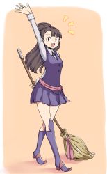 Rule 34 | 1girl, :d, ^^^, arm up, blunt bangs, boots, broom, brown hair, dress, full body, hair tie, highres, holding, holding broom, kagari atsuko, knee boots, little witch academia, long hair, long sleeves, open mouth, orange background, orinpachu, pinafore dress, purple dress, purple footwear, red eyes, shirt, simple background, sleeveless dress, smile, solo, teeth, topknot, upper teeth only, walking, waving, white shirt