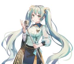 Rule 34 | 1girl, black ribbon, blue bow, bow, closed mouth, commission, green eyes, green hair, green shirt, hatsune miku, long hair, long sleeves, microphone, munape, ribbon, shirt, smile, solo, twintails, vocaloid, white background