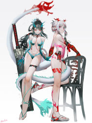 Rule 34 | absurdres, arknights, bead bracelet, beads, bikini, black hair, bracelet, braid, breasts, chair, dragon girl, dragon horns, dusk (arknights), flame-tipped tail, full body, green bikini, highres, horns, jewelry, leg tattoo, long hair, looking at viewer, mackia, medium breasts, multicolored hair, navel, nian (arknights), pink eyes, pointy ears, red bikini, red eyes, sandals, scabbard, sheath, siblings, simple background, sisters, streaked hair, swimsuit, sword, tail around another&#039;s leg, tattoo, weapon, white background, white hair