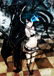 Rule 34 | 10s, 1girl, absurdres, arm cannon, arms up, bikini, bikini top only, black bikini, black hair, black rock shooter, black rock shooter (character), blue eyes, boots, chain, glowing, glowing eyes, highres, long hair, midriff, mille (dieci), mirre, navel, pale skin, scar, shorts, solo, swimsuit, twintails, weapon
