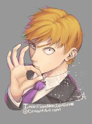 Rule 34 | 1boy, artist name, blonde hair, closed mouth, collar, collared jacket, collared shirt, grey background, grey jacket, highres, insertsomthinawesome, jacket, long sleeves, looking at viewer, male focus, mob psycho 100, necktie, purple necktie, reigen arataka, salt, shirt, short hair, signature, simple background, solo, upper body, watermark, web address, white shirt
