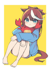 Rule 34 | 1girl, absurdres, animal ears, bare legs, barefoot, blue eyes, blue jacket, brown hair, closed mouth, commission, commissioner upload, feet, full body, head rest, highres, horse ears, horse girl, horse tail, jacket, long hair, long sleeves, looking at viewer, multicolored hair, no pants, hugging object, sasakungoodsize, sidelocks, simple background, sitting, skeb commission, solo, streaked hair, stuffed animal, stuffed crab, stuffed toy, tail, thighs, toes, tokai teio (umamusume), two-tone hair, umamusume, yellow background