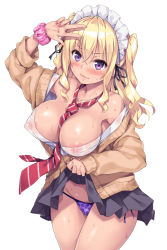 Rule 34 | &gt;:), 1girl, akizora momiji, arm up, armpits, bare shoulders, between breasts, black skirt, blonde hair, blush, breasts, brown cardigan, cameltoe, cardigan, cleavage, closed mouth, clothes lift, collarbone, commentary request, cowboy shot, dark-skinned female, dark skin, frills, gyaru, highres, kogal, large breasts, lifting own clothes, long sleeves, maid headdress, miniskirt, nail polish, necktie, necktie between breasts, nipples, no bra, off shoulder, open cardigan, open clothes, open shirt, original, panties, partial commentary, pleated skirt, purple eyes, purple panties, red nails, red necktie, scrunchie, see-through, shirt, side-tie panties, simple background, skirt, skirt lift, sleeves past wrists, smile, solo, striped necktie, striped neckwear, sweat, thighs, underwear, upskirt, v, wavy hair, wet, wet clothes, wet shirt, white background, wrist scrunchie