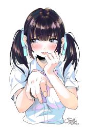 Rule 34 | 1girl, absurdres, black hair, blue ribbon, blue shirt, blush, brown eyes, brown hair, dated, fang, fingernails, geshumaro, hair ribbon, hand up, highres, looking to the side, multicolored hair, neck ribbon, original, parted lips, pink ribbon, purple hair, reaching, reaching towards viewer, ribbon, school uniform, shirt, short sleeves, signature, simple background, smile, solo, streaked hair, twintails, upper body, white background