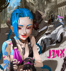Rule 34 | 3girls, 6+others, absurdres, alternate hair length, alternate hairstyle, arm tattoo, bare shoulders, belt pouch, black gloves, black hair, blue hair, blue headwear, building, bullet, bullet necklace, caitlyn (league of legends), chain, character name, crack, cracked floor, cuffs, day, debris, destruction, faceless, faceless female, fingerless gloves, gauntlets, gloves, gun, hand on own face, handcuffs, hat, highres, holding, holding gun, holding weapon, hyeonjong8, jewelry, jinx (league of legends), league of legends, long hair, looking at viewer, motor vehicle, motorcycle, multicolored eyes, multiple girls, multiple others, neck tattoo, necklace, open mouth, outdoors, parted lips, pouch, purple eyes, purple hair, red eyes, red lips, rocket, shoulder tattoo, smile, smoke, solo focus, standing, tattoo, teeth, top hat, twintails, very long hair, vi (league of legends), weapon