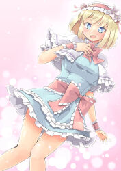 Rule 34 | 1girl, alice margatroid, arnest, blonde hair, blue dress, blue eyes, blush, capelet, dress, feet out of frame, frilled dress, frills, hairband, highres, lolita hairband, open mouth, red hairband, short hair, smile, solo, touhou, white capelet