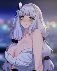 Rule 34 | 1girl, acaa, bare shoulders, blurry, blurry background, blush, breasts, cleavage, collarbone, crying, crying with eyes open, frown, girls&#039; frontline, green eyes, hair ornament, hair scrunchie, hk416 (girls&#039; frontline), hk416 (starry cocoon) (girls&#039; frontline), large breasts, long hair, looking at viewer, official alternate costume, scrunchie, solo, tears, upper body