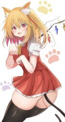 Rule 34 | 1girl, :d, absurdres, animal ear fluff, animal ears, ascot, ass, black thighhighs, blonde hair, cat ears, cat tail, commentary request, daru (kumakumadon), fang, flandre scarlet, highres, looking at viewer, medium hair, open mouth, paw pose, red eyes, red skirt, red vest, shirt, short sleeves, simple background, skin fang, skirt, smile, solo, tail, thighhighs, touhou, vest, white background, white shirt, yellow ascot