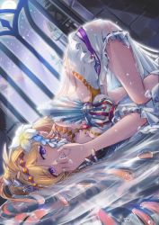 Rule 34 | 1girl, absurdres, blonde hair, detached sleeves, diadem, flower, gauntlets, granblue fantasy, hair intakes, hair ornament, highres, huge filesize, jeanne d&#039;arc (granblue fantasy), long hair, nightgown, nixour, partially submerged, purple eyes, see-through, shooting star, solo, top-down bottom-up, white flower, window