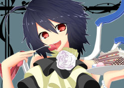 Rule 34 | 1girl, :d, ahoge, alternate costume, asymmetrical wings, black hair, blush, bracelet, cake, dress, eating, flower, food, fork, fruit, houjuu nue, jewelry, licking, looking at viewer, mechanical wings, open mouth, plate, q kikuchi, red eyes, rose, smile, solo, strawberry, tongue, tongue out, touhou, white rose, wings
