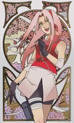 Rule 34 | 1girl, armband, art nouveau, bandaged leg, bandages, black gloves, black shorts, border, breasts, canariavatore, cherry blossoms, cowboy shot, gloves, green eyes, hairband, haruno sakura, highres, leaf, long hair, medium breasts, naruto (series), open mouth, parted bangs, pink hair, pink skirt, pouch, red shirt, shirt, shorts, skirt, sleeveless, sleeveless shirt, smile, solo, thigh pouch