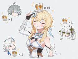 Rule 34 | 2boys, 2girls, puff of air, alhaitham (genshin impact), black gloves, blonde hair, blue hair, blush, breasts, closed eyes, closed mouth, commentary, cropped torso, crown, detached sleeves, gameplay mechanics, genshin impact, gloves, green hair, hair between eyes, hair ornament, hair over one eye, highres, long hair, lumine (genshin impact), medium breasts, multicolored hair, multiple boys, multiple girls, nahida (genshin impact), neuvillette (genshin impact), parted lips, partially fingerless gloves, pointy ears, q (oshikuraq), short hair with long locks, side ponytail, simple background, symbol-only commentary, twitter username, upper body, white hair