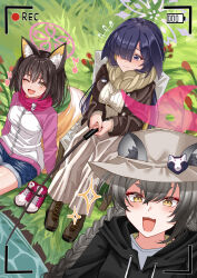 Rule 34 | 3girls, absurdres, animal ears, battery indicator, black hoodie, blue archive, blue shorts, blush, boots, breasts, brown footwear, brown hair, closed mouth, day, eighth note, fishing, fishing rod, fox ears, fox tail, grey hair, hair over one eye, halo, highres, holding, holding fishing rod, hood, hood down, hoodie, izuna (blue archive), jacket, large breasts, long hair, long sleeves, medium breasts, michiru (blue archive), multiple girls, musical note, ninjutsu research club (blue archive), one eye closed, open mouth, outdoors, pink halo, pink scarf, purple eyes, purple hair, purple halo, raccoon ears, recording, rynn (darknescorez), scarf, short hair, shorts, skirt, smile, sweater, tail, tsukuyo (blue archive), viewfinder, white jacket, white skirt, white sweater, yellow eyes