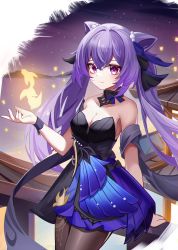 Rule 34 | 1girl, absurdres, against railing, black dress, black pantyhose, blue dress, bow, bowtie, breasts, cleavage, diamond-shaped pupils, diamond (shape), dress, genshin impact, hair ornament, highres, keqing (genshin impact), keqing (opulent splendor) (genshin impact), multicolored clothes, multicolored dress, mxr, official alternate costume, pantyhose, purple eyes, purple hair, railing, solo, symbol-shaped pupils